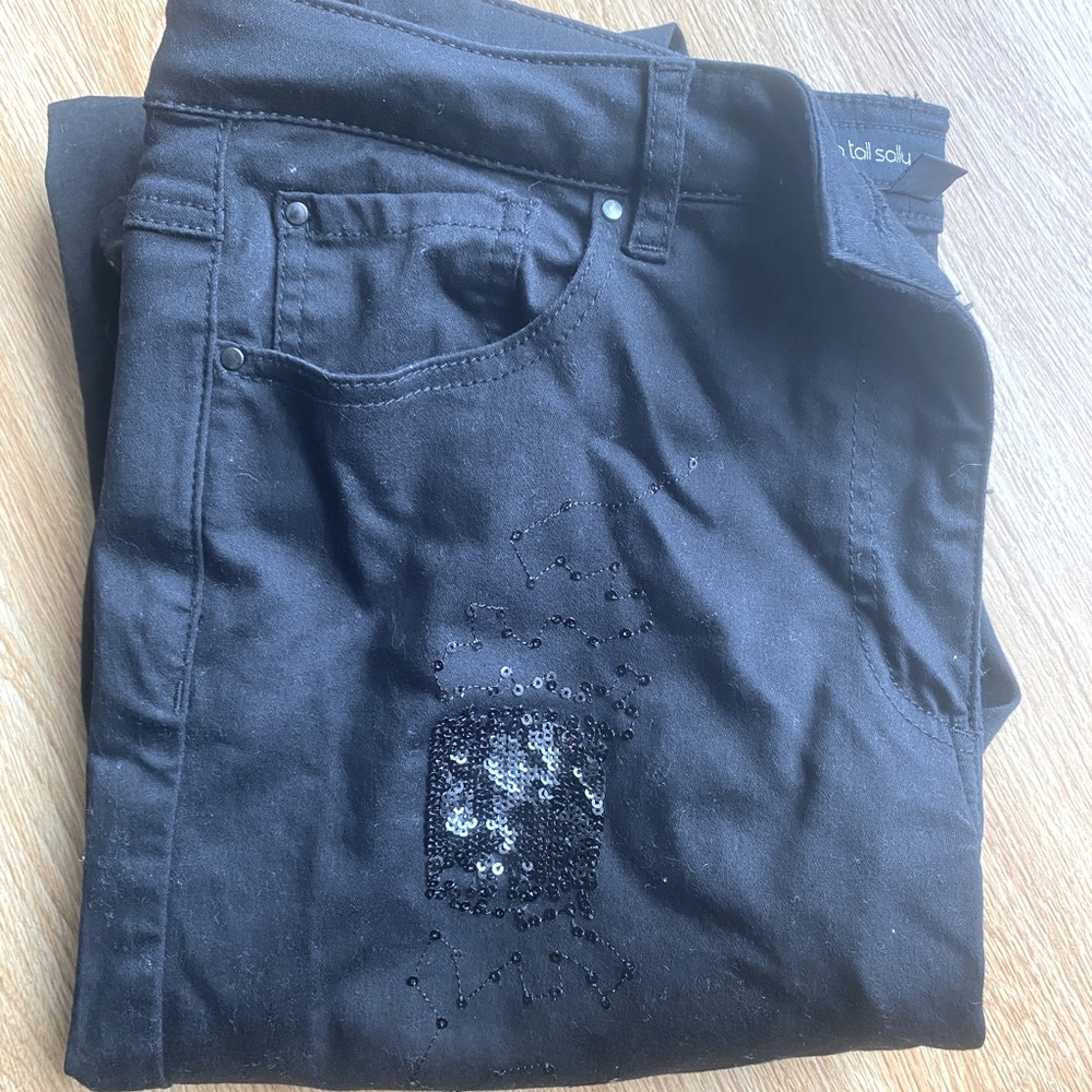 Black Sequins New Years Mid rise Skinny Jeans Long Tall Sally, Size 12 38 inseam